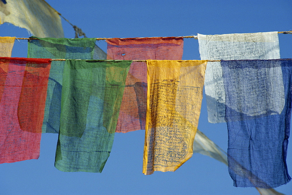 Close-up of prayer flags at Swayambunath, Kathmandu, Nepal, Asia