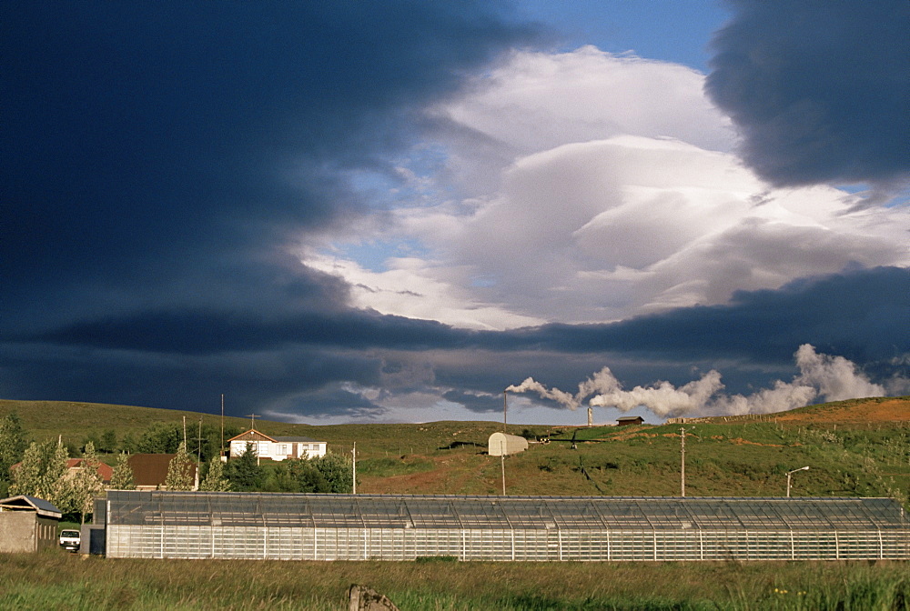 Greenhouses heated by geothermal springs, near Geysir, Reykholt, Iceland, Polar Regions