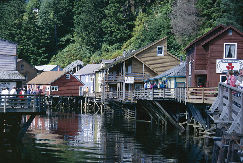 Old stilt buildings along Ketchikan Creek, Ketchikan, south east Alaska, United States of America (U.S.A.), North America