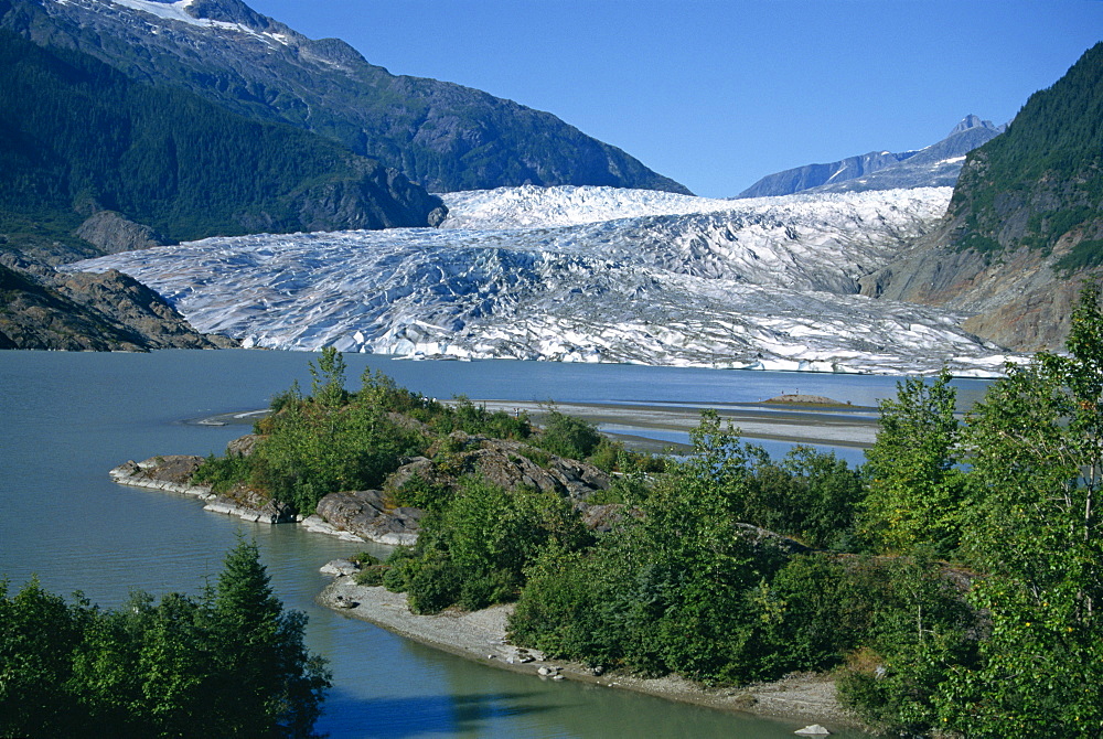 Glacier flowing from the Juneau Icefield to the proglacial lake, Alaska, United States of America, North America