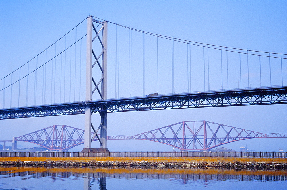 Firth of Forth Bridges, 1964 Road Suspension Bridge (foreground), 1890 Rail Bridge (background), Scotland, UK, Europe