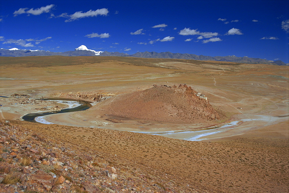 Landscape including Chiu Gompa beside Lake Manasarovar on the Barga plain with Mount Kailas (Mount Kailash), sacred to Buddhists and Hindus behind, in Tibet, China, Asia