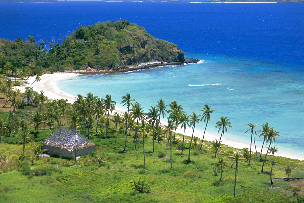 Coconut plantation and old farmhouse beside coral sand bay, Mana Island, Mamanuca group, west of Viti Levu, Fiji, South Pacific islands, Pacific