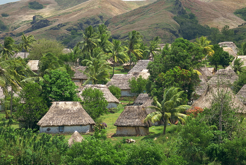 Traditional bures on regular grid pattern, last old style village, Navala, Viti Levu Island, Fiji, Pacific