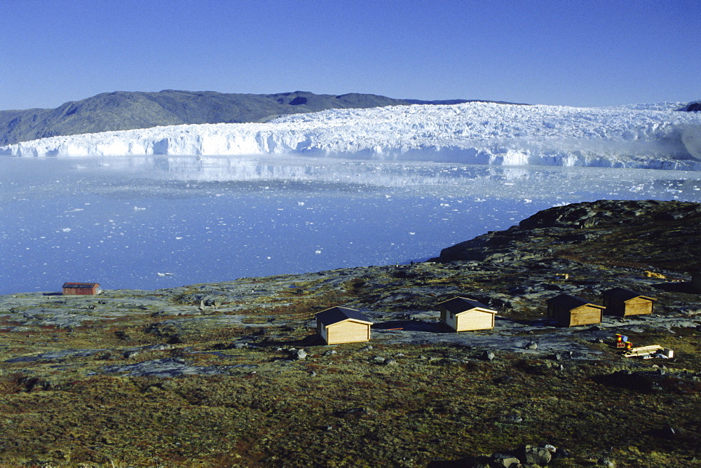 Tourist cabins at Point Victor, Eqip Glacier, Disko Bay, west coast, Greenland