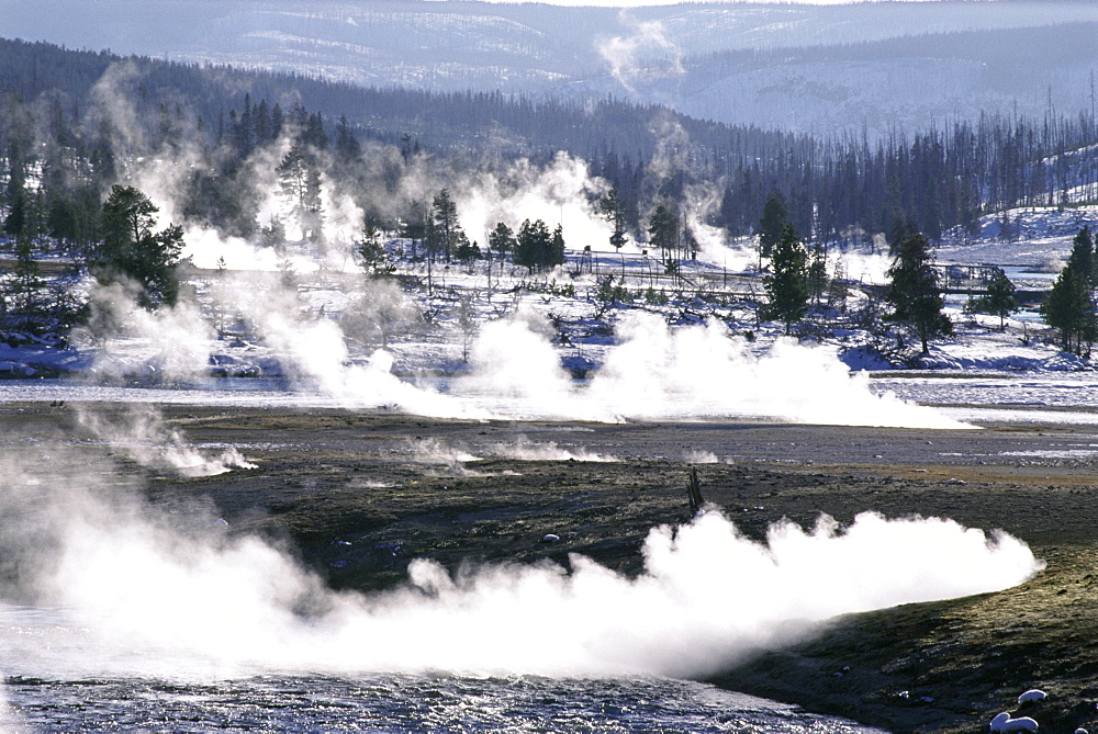 Steam from hot springs and snow-free hot ground in Midway Basin in winter, Yellowstone National Park, UNESCO World Heritage Site, Wyoming, United States of America (U.S.A.), North America