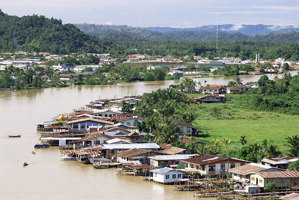 Stilt houses along Limbang River, Limbang City, Sarawak, Malaysia, island of Borneo, Asia