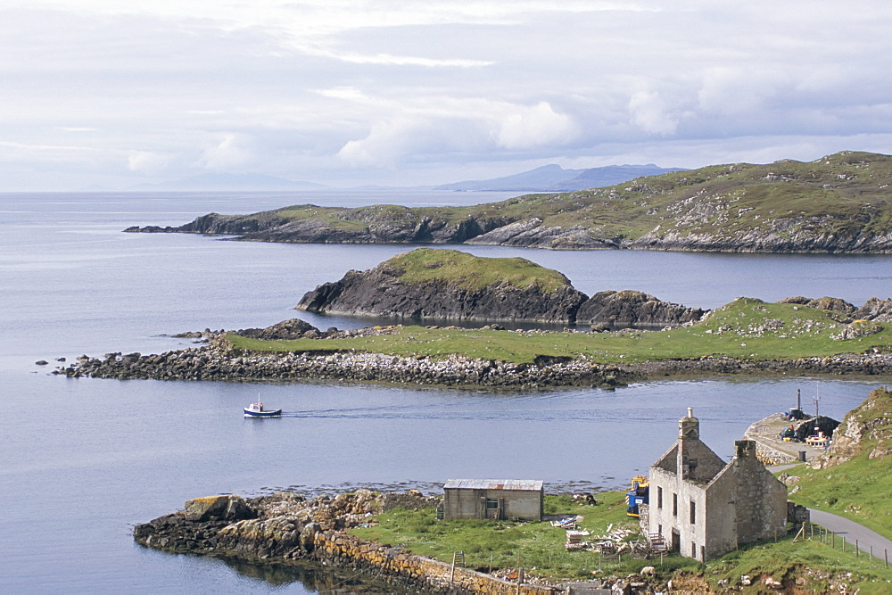 Elevated view south past Renish Point at southern tip of Harris, Rodel village, South Harris, Outer Hebrides, Western Isles, Scotland, United Kingdom, Europe