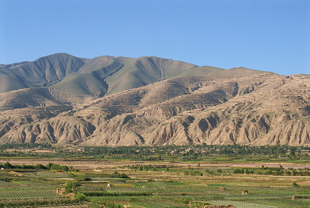 Yellow River loesslands, gullied and terraced hillsides, Gansu Province, China, Asia