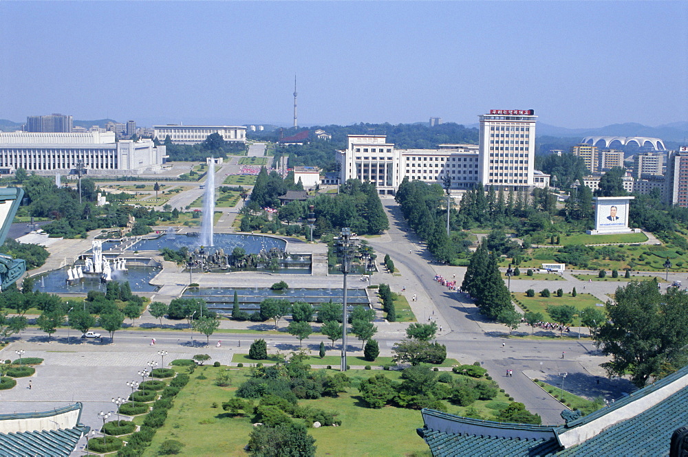 Formal gardens and park in planned city centre, Pyongyang, North Korea, Asia