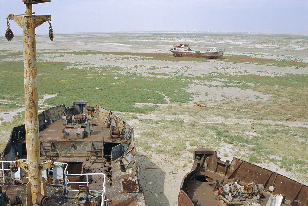 Ship's graveyard near Aralsk, on seabed due to water losses, Aral Sea, Kazakhstan, Central Asia