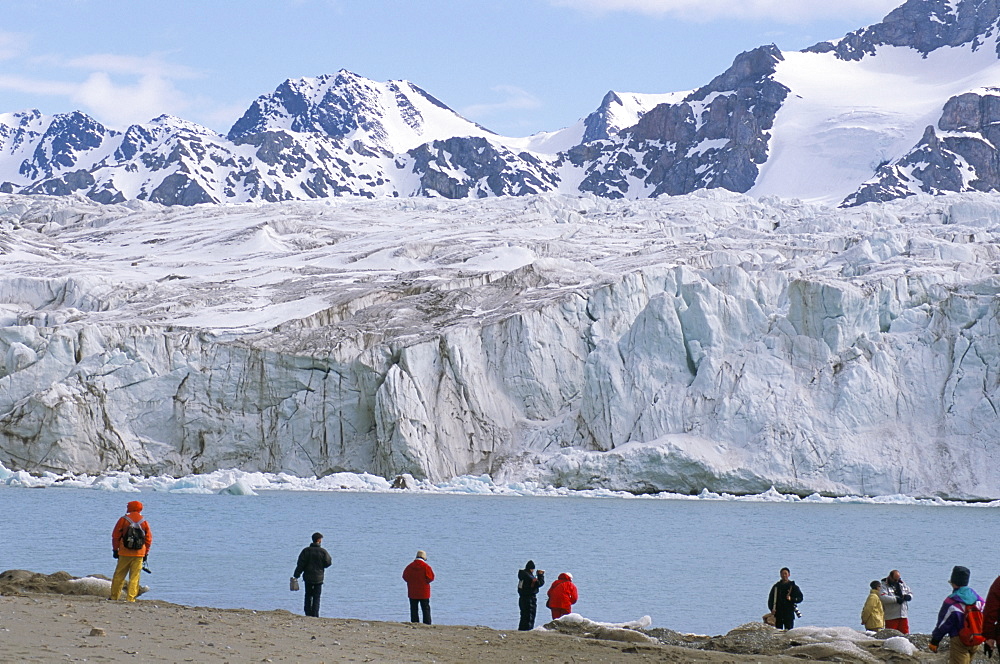 Visitors from ice-breaker tour ship, July 14 Glacier, Krossfjorden, Spitsbergen, Svalbard, Norway, Scandinavia, Europe