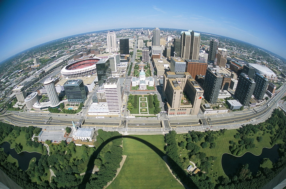 State capitol and downtown seen from Gateway Arch, which casts a shadow, St. Louis, Missouri, United States of America, North America