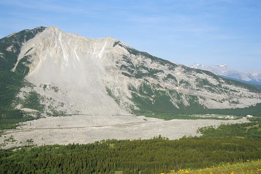 Frank Slide, where giant rockfall occurred in 1903, limestone debris fell 400m, Alberta, Canada, North America