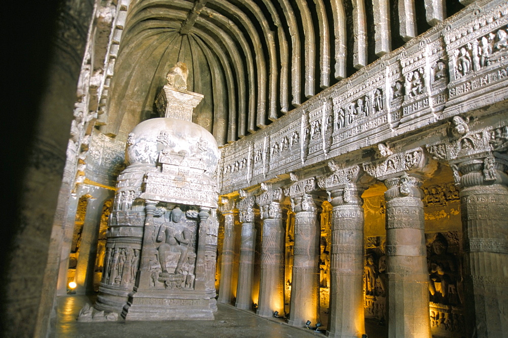 Buddhist cave temple, 1500 years old, carved in in-situ Deccan basalt, Ajanta, UNESCO World Heritage Site, Maharashtra, India, Asia