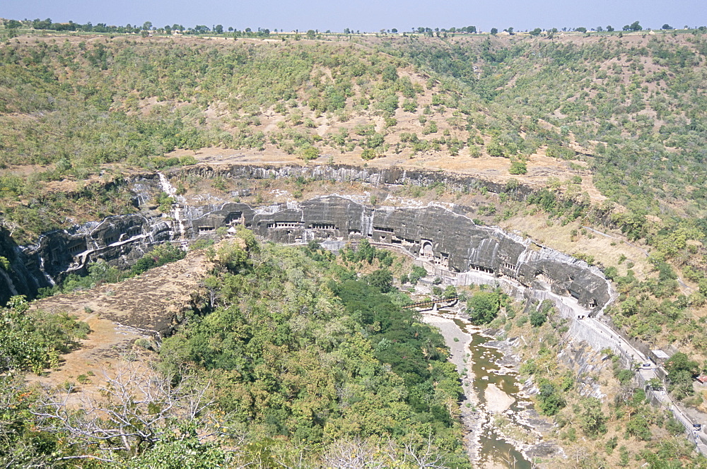 Cave temples, 1500 years old, carved in basalt cliff above Waghore River, Ajanta, UNESCO World Heritage Site, Maharashtra, India, Asia