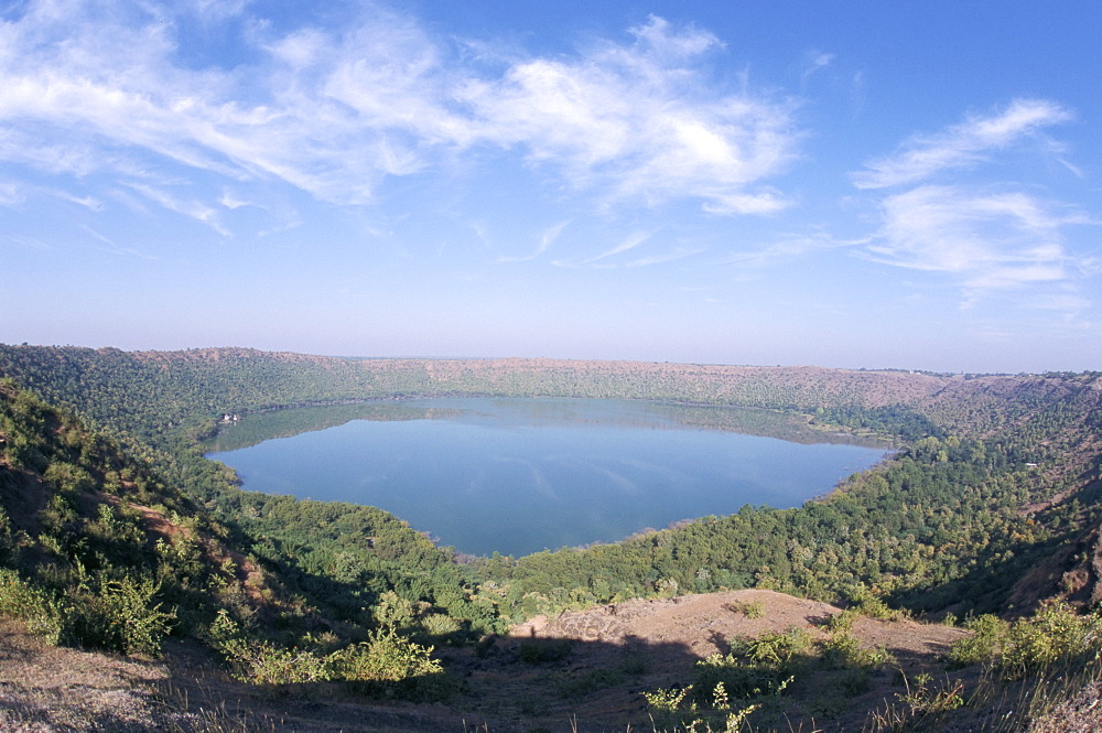 Lonar meteorite crater, world's only impact crater in basalt, Deccan plateau, Maharashtra, India, Asia