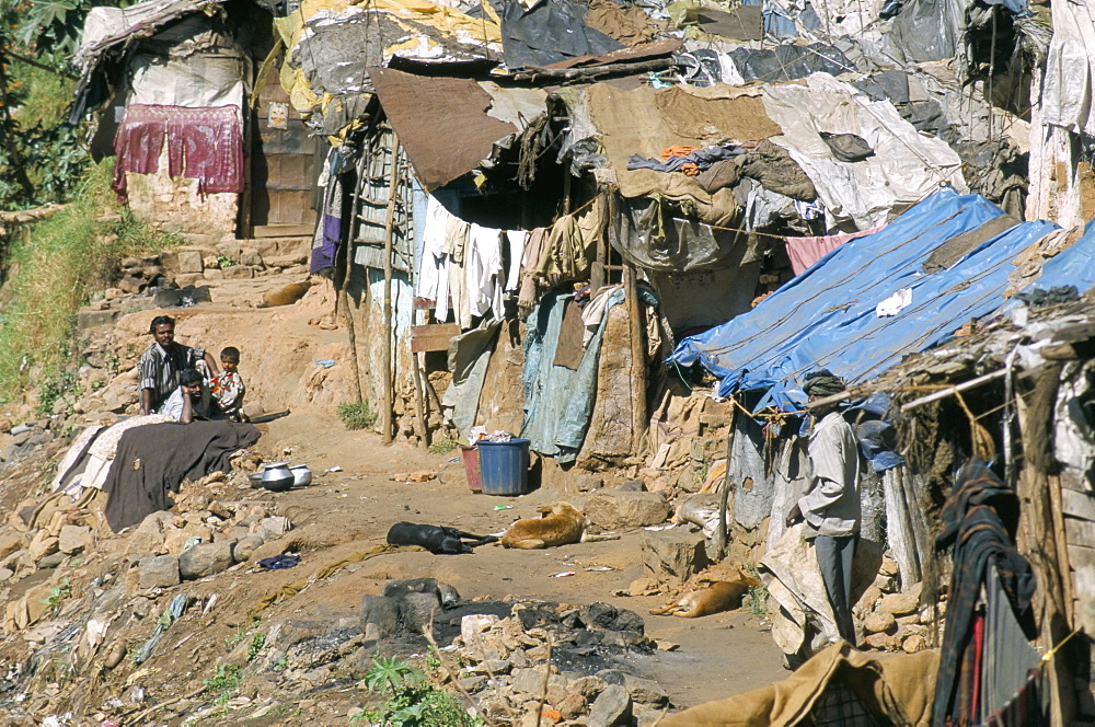 Untouchables (Harijan) in shanty hovels alongside river in town centre, Coonor, Tamil Nadu, India, Asia