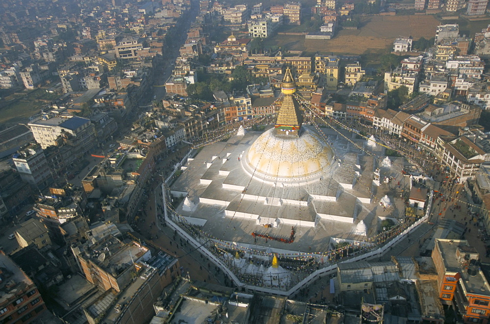 Aerial view of Boudhanath stupa, Kathmandu, Nepal, Asia