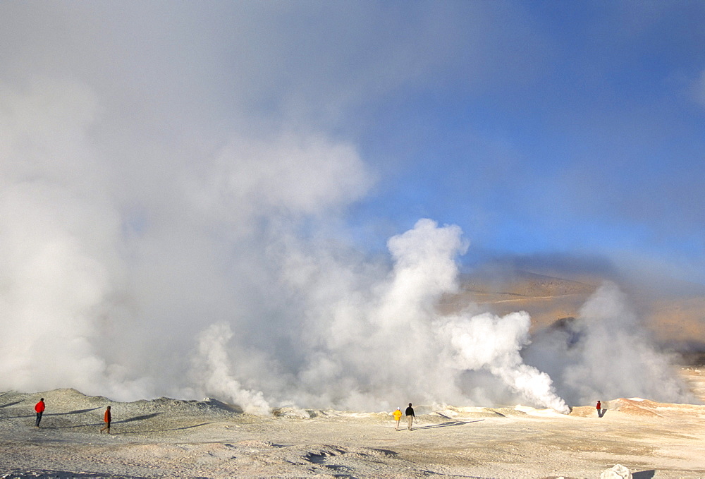 Steam fumaroles in geothermal field, Sol de Manana, near Laguna Colorado, Southwest Highlands, Bolivia, South America