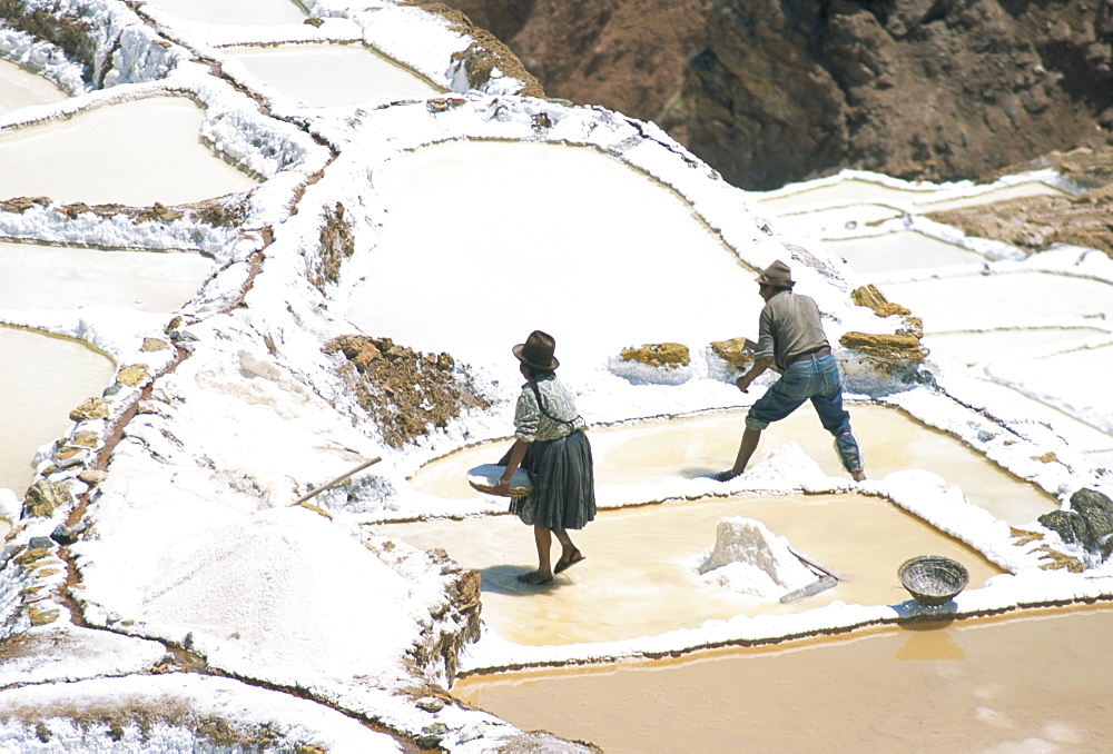 Inca salt pans below salt spring, Salineras de Maras, Sacred Valley, Cuzco region (Urabamba), Peru, South America