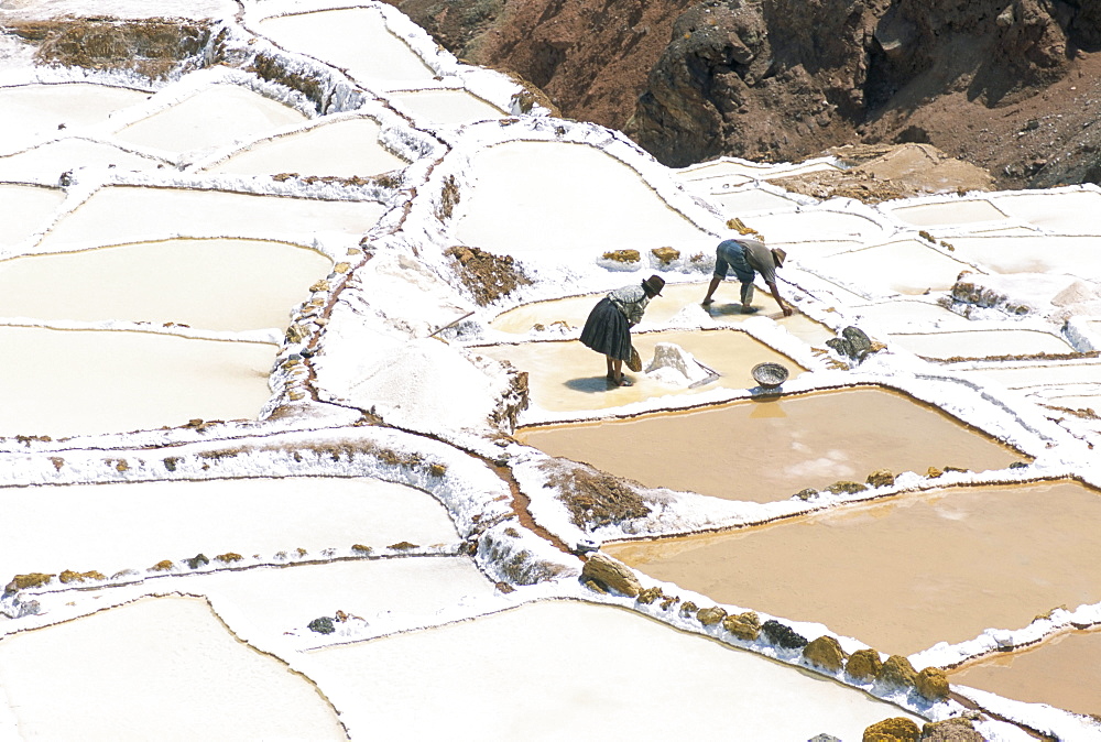 Inca salt pans below salt spring, Salineras de Maras, Sacred Valley, Cuzco region (Urabamba), Peru, South America