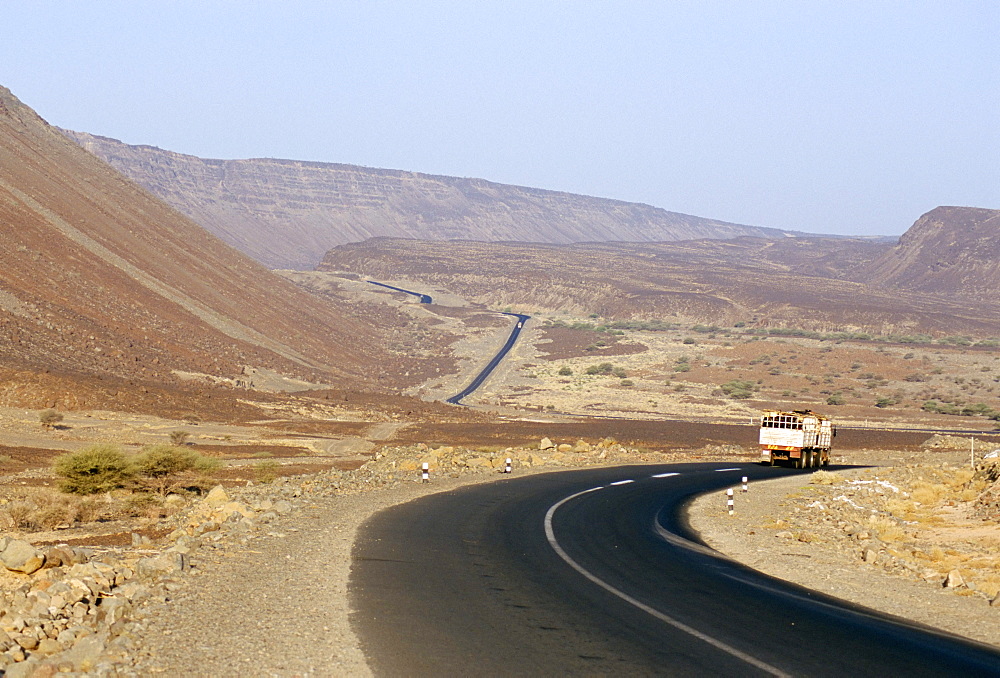 Rift valley faults in desert crossed by road to Addis Ababa, Afar Triangle, Djibouti, Africa