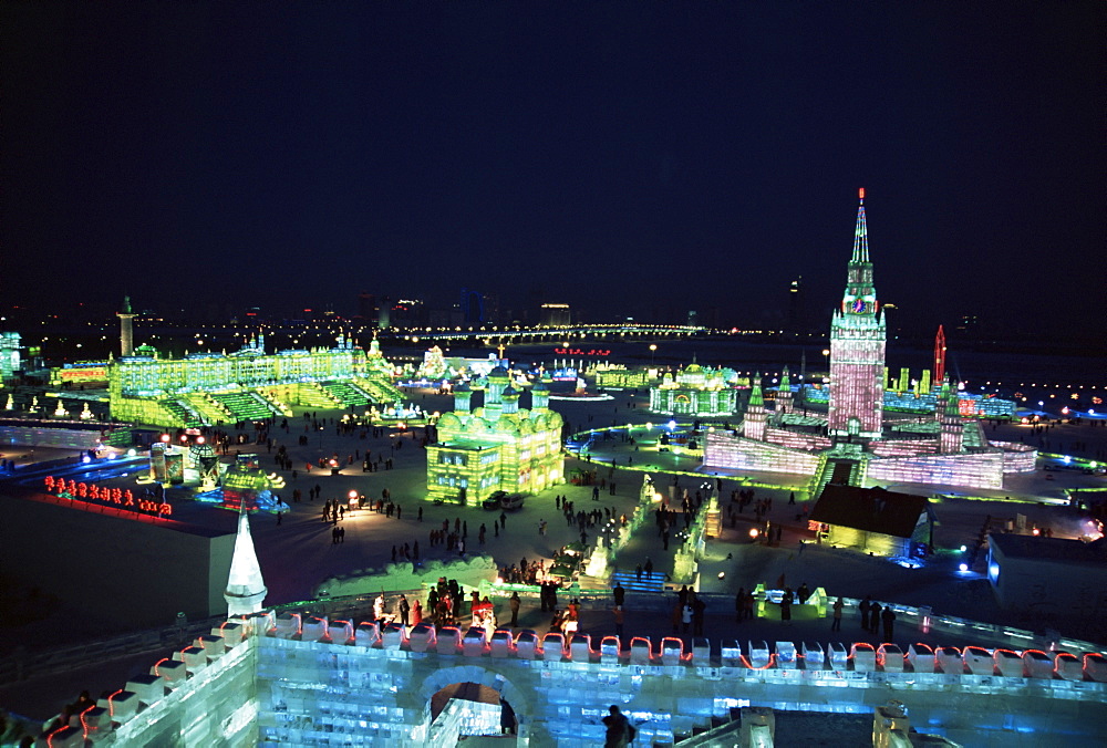 Ice sculptures lit at night, Ice Lantern Festival, Bingdeng Jie, Harbin city, Heilongjiang, China, Asia