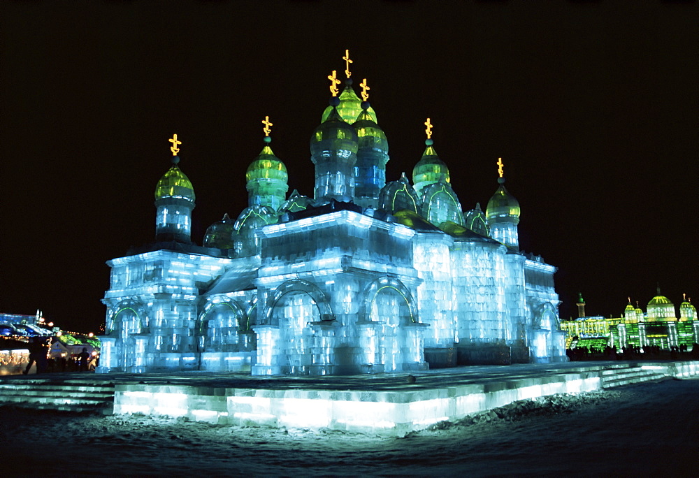 Ice sculptures in Taiyangdao Park at night, Ice Lantern Festival, Bingdeng Jie, Harbin city, Heilongjiang, China, Asia