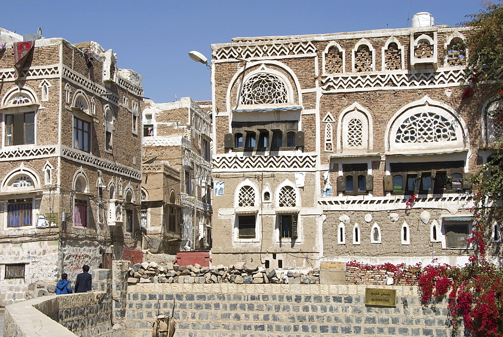 Traditional ornamented brick architecture on houses, Old City, Sana'a, UNESCO World Heritage Site, capital of Yemen, Middle East