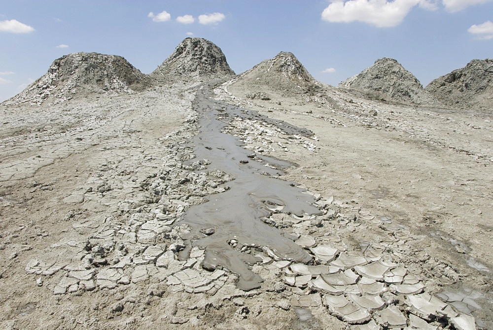 Active mud flow from line of mud volcanoes, in the Firuze crater, Gobustan, Baku, Azerbaijan, Central Asia, Asia