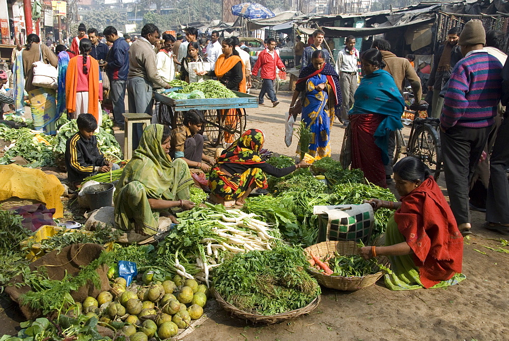 Morning vegetable market on street above Dasaswamedh Ghat, Varanasi, Uttar Pradesh state, India, Asia