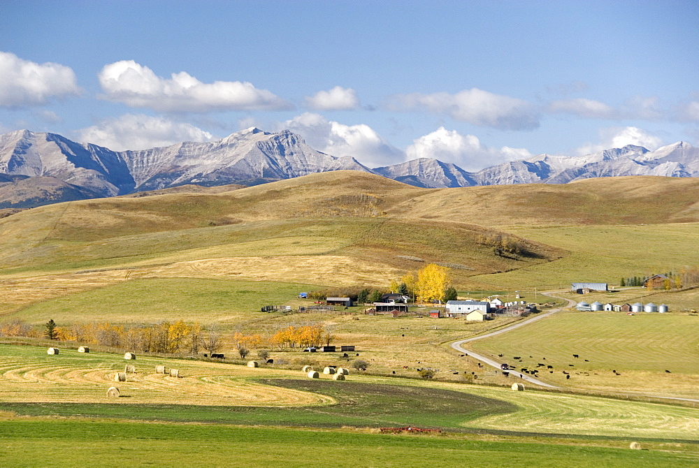 Kananaskis Mountains, Canadian Rockies Front Ranges, with farmed foothills near Okotoks, south of Calgary, Alberta, Canada, North America