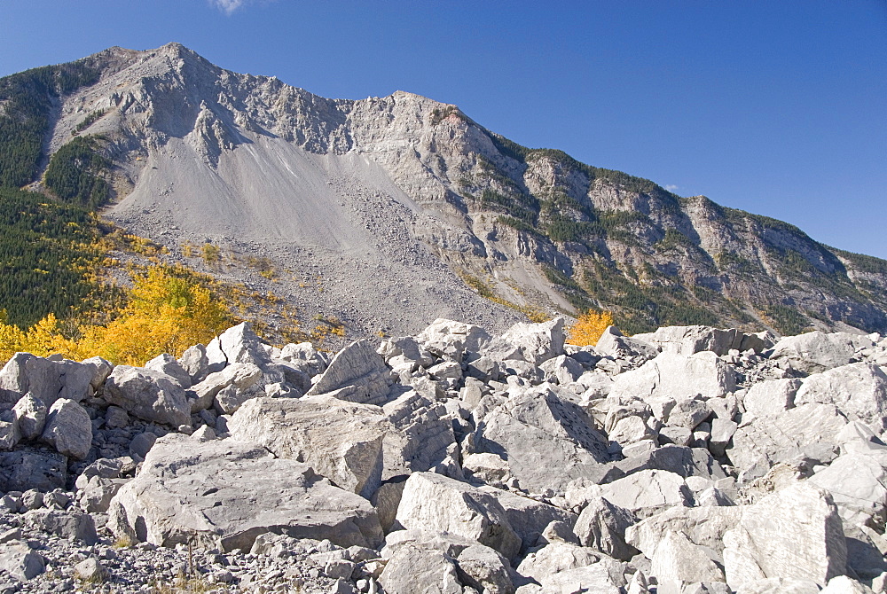 Frank Slide (massive rockslide of limestone from Turtle Mountain that buried town in 1903), Crowsnest Pass, southern Alberta, Rockies, Canada, North America