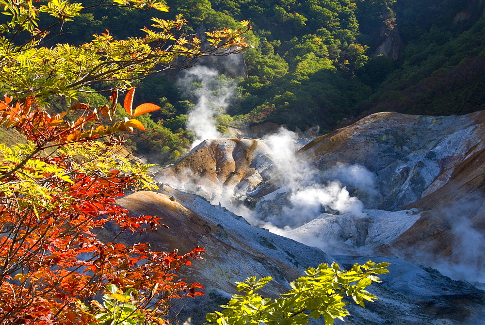 Steam fumaroles in Jigokudani geothermal area, Noboribetsu Onsen, Shikotsu-Toya National Park, Hokkaido, Japan