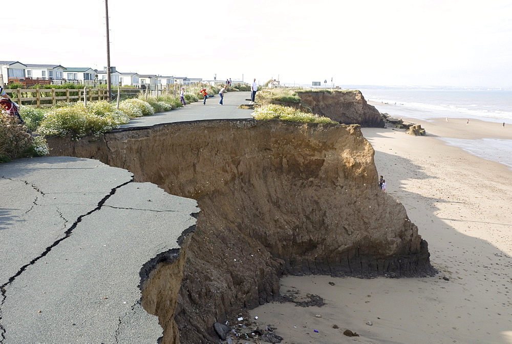 Coast erosion with active landslips in glacial till, Skipsea, Holderness coast, Humberside, England, United Kingdom