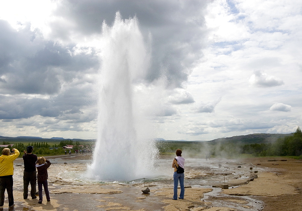 Strokkur geyser in eruption, Geysir geothermal basin, southwest area, Iceland, Polar Regions