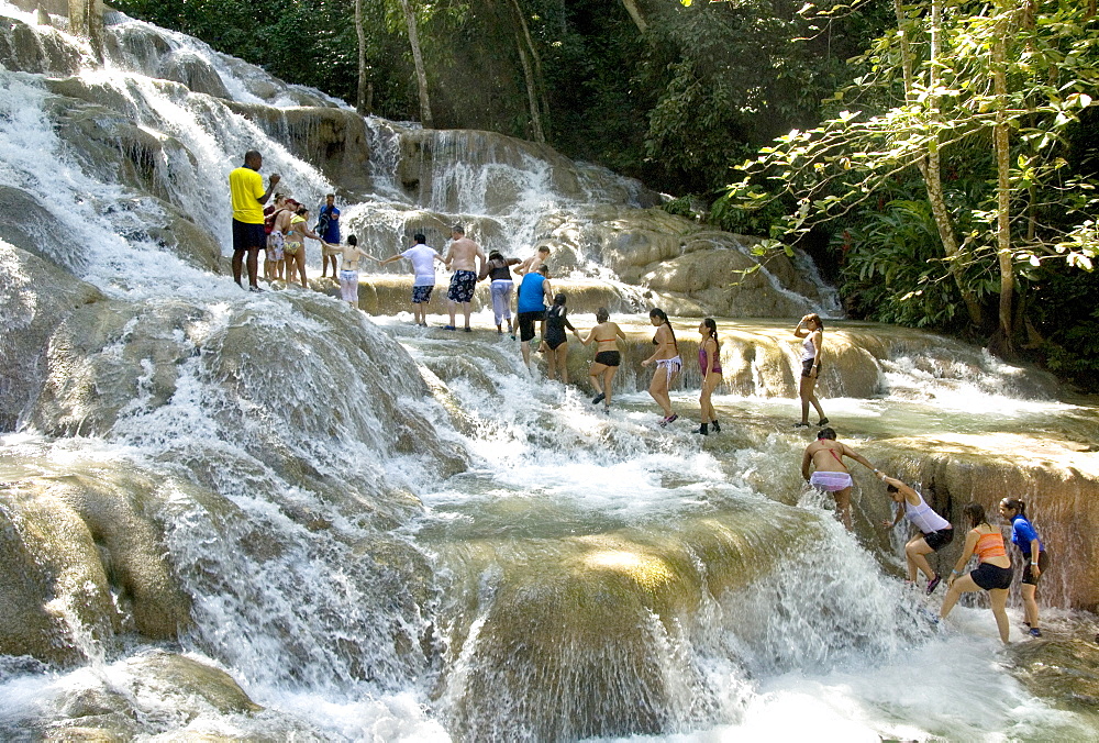 Terraces of calcite travertine forming the Dunn's River Falls, near Ocho Rios, on the north coast of Jamaica, West Indies, Caribbean, Central America