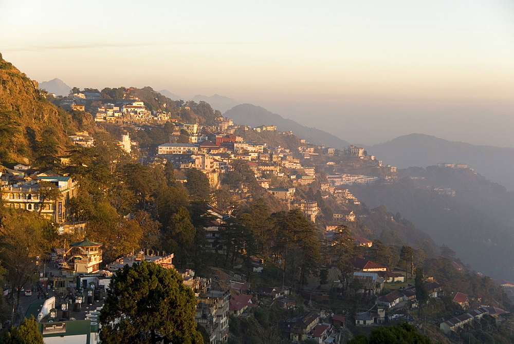 View south from Mussoorie in evening light on foothills of Garwhal Himalaya, Uttarakhand, India, Asia