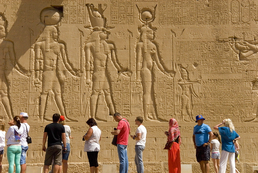 Carvings on the outside wall of the Temple of Hathor, Dendera necropolis, Qena, Nile Valley, Egypt, North Africa, Africa 