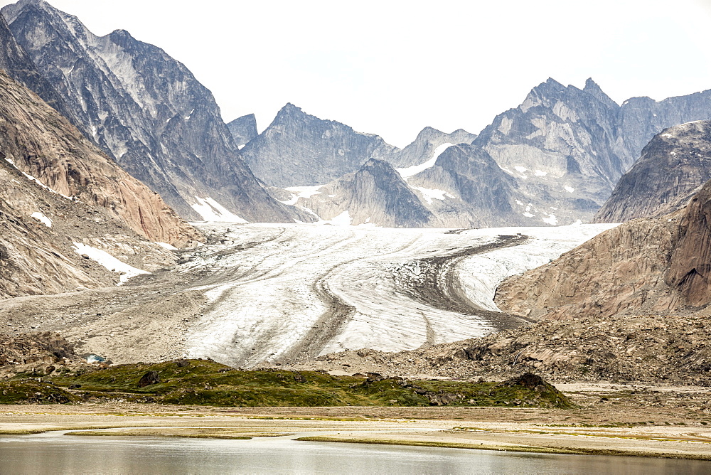 Prins Christian Sund, lateral and medial moraines on Igdlorssuit Glacier, southern Greenland, Polar Regions