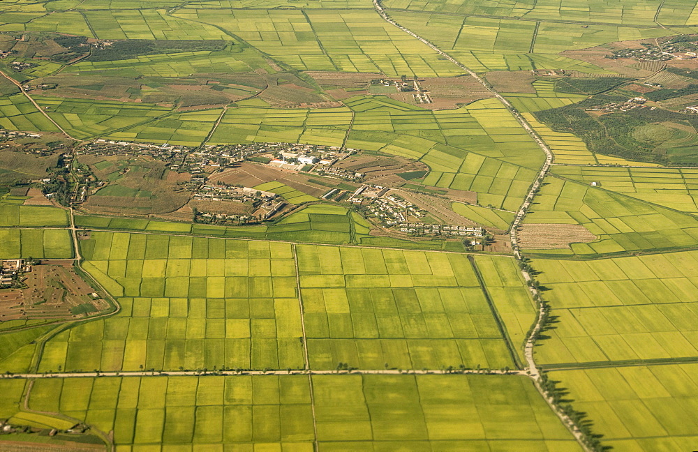 Village, rice paddies and farmland near Hambong, Hamgyong Province, North Korea, Asia