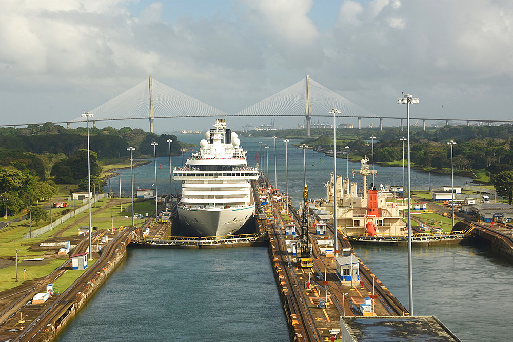 Panama Canal, ships in the old Gatun Locks, Atlantic Bridge in distance