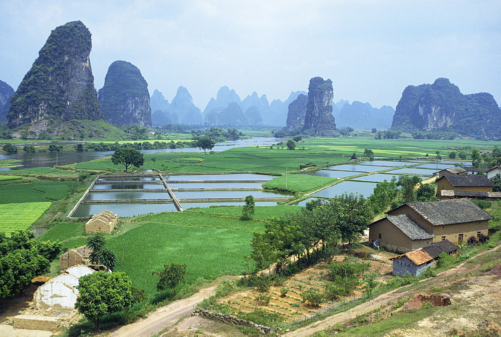 Farmland and rock formations of Guangxi, Guilin Province, China 