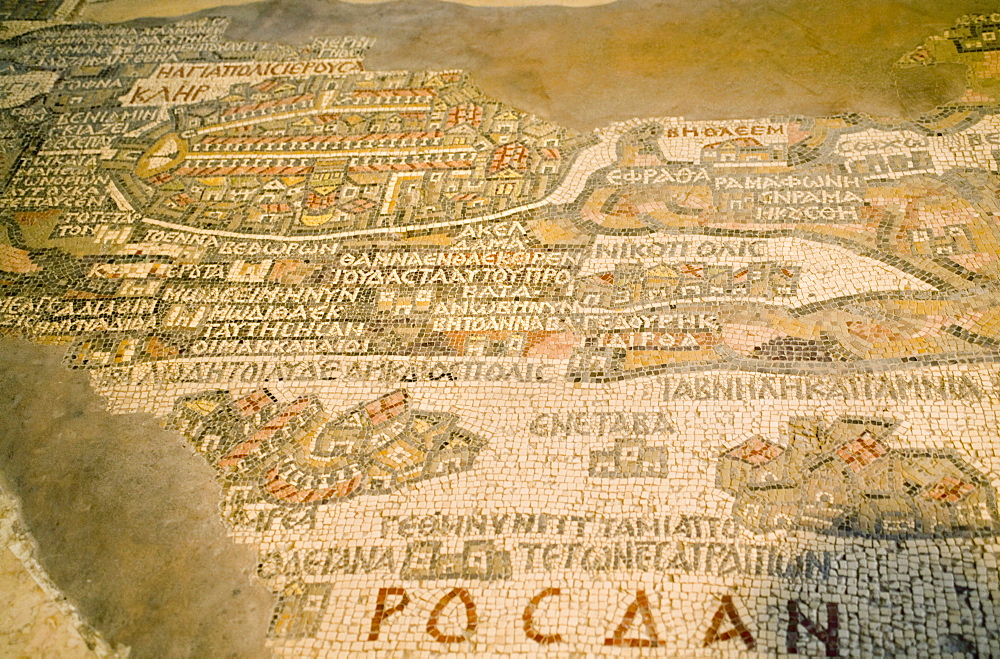 Old mosaic map of the world in St. Georges church, Madaba, Jordan, Middle East