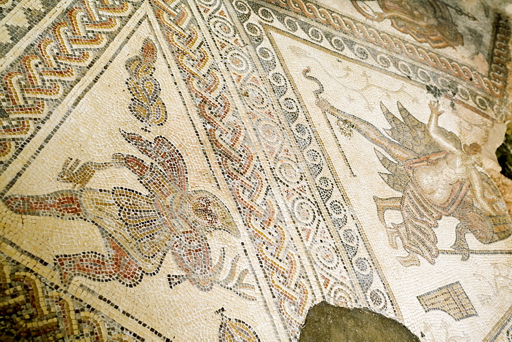 Mosaic, Chedworth Roman villa, Gloucestershire, England, United Kingdom, Europe