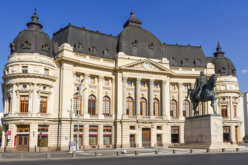 University Library and King Carol I, Calea Victoriei, Bucharest, Romania, Europe