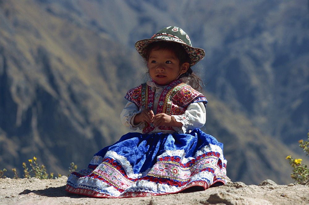 Little girl in traditional dress, Colca Canyon, Peru, South America