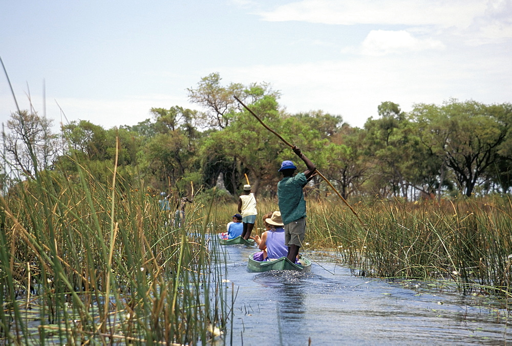 Tourists in dug out canoe (mokoro), Okavango Delta, Botswana, Africa