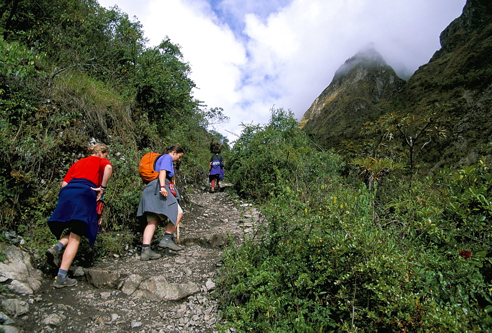 Tourists trekking, Dead Woman Pass, Inca Trail, Peru, South America